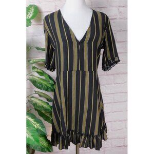 Parisian V-Neck Stripe Print Dress Size 10 Black Frill Detail Casual Chic